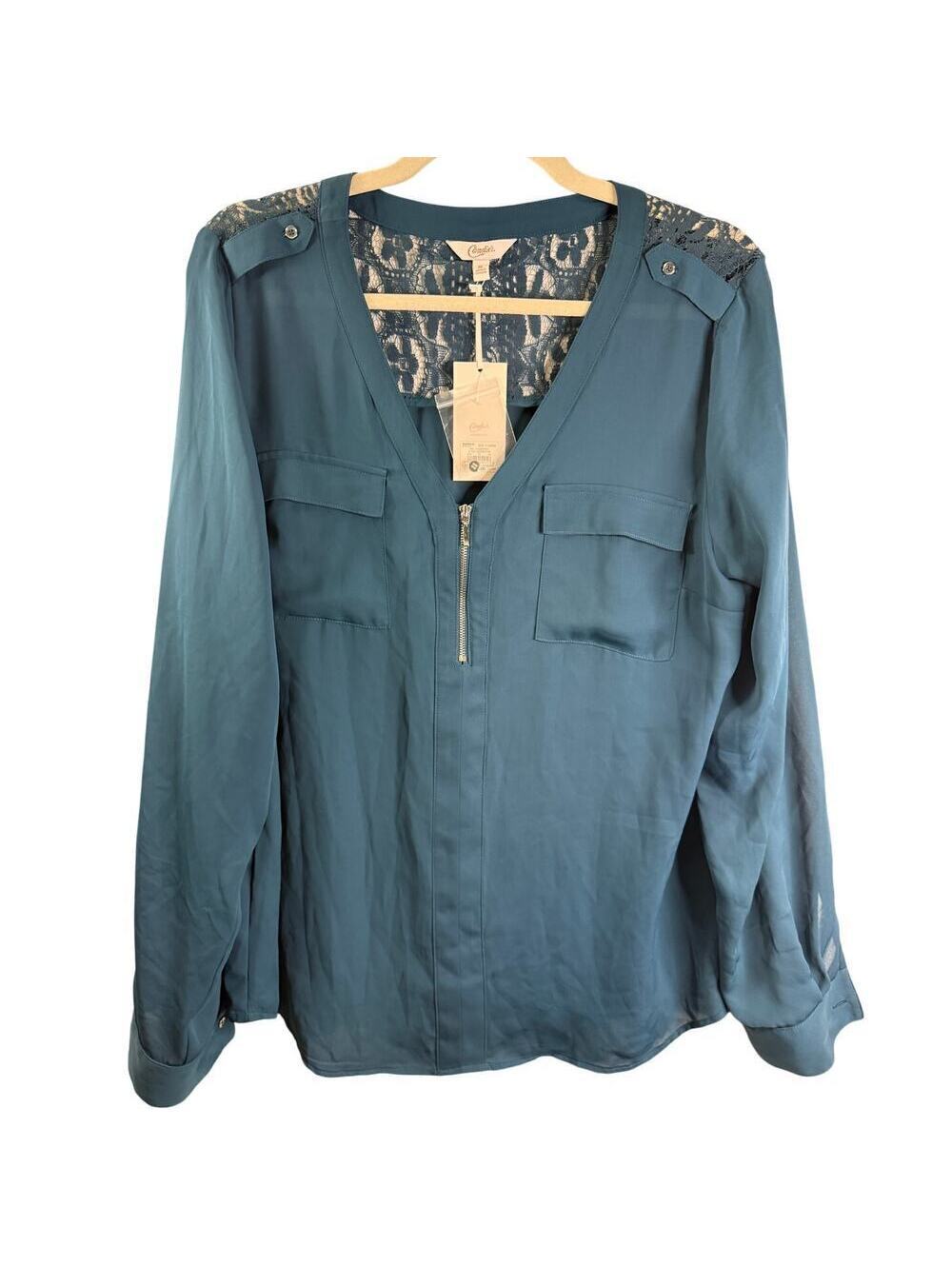 Candie's NWT XL Legion Blue Lace Back Zip Front Utility Blouse Roll Tab Top